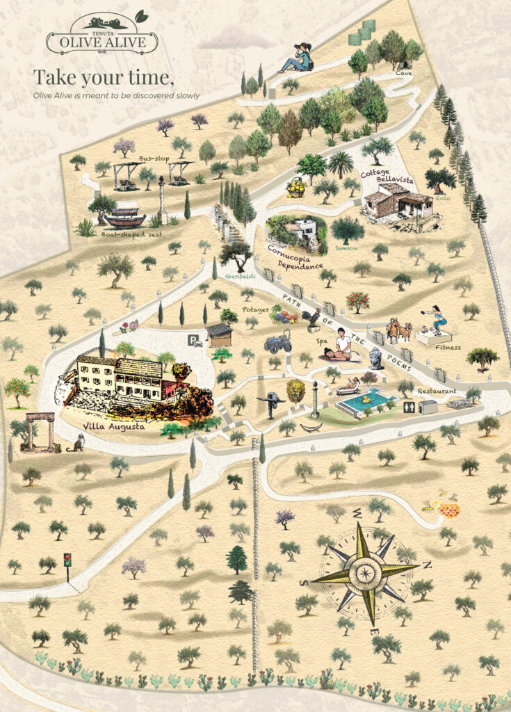 Illustrated map of Tenuta Olive Alive — Path of the Poems, Noto